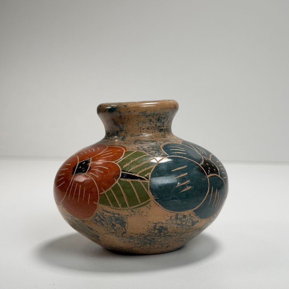 Vintage Floral‎ Pottery Bud Vase Small Multicolor Etched Folk Art Hand Painted